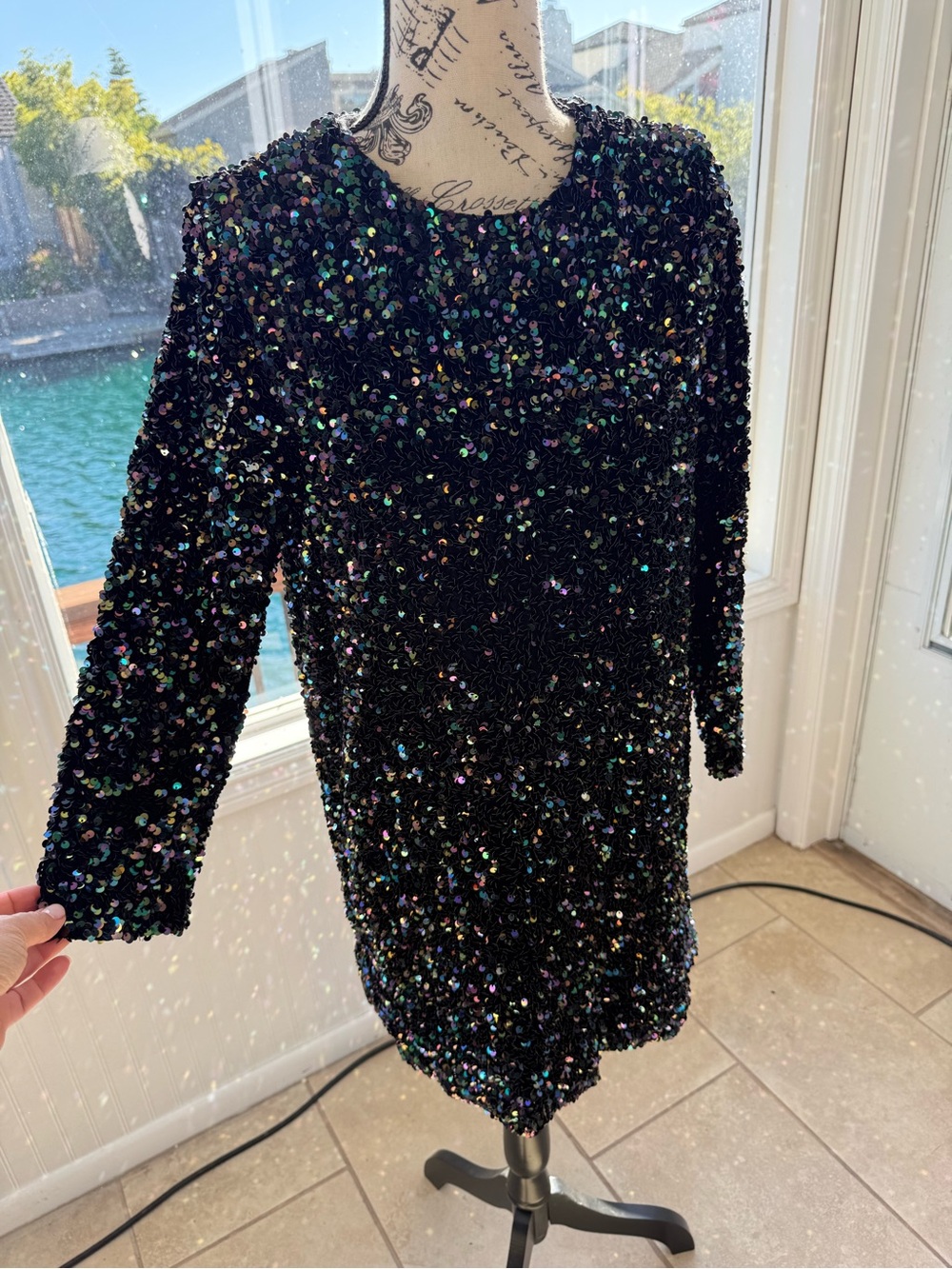 Zara Black Sequin Long-Sleeve Mini Dress with Iridescent Sparkle